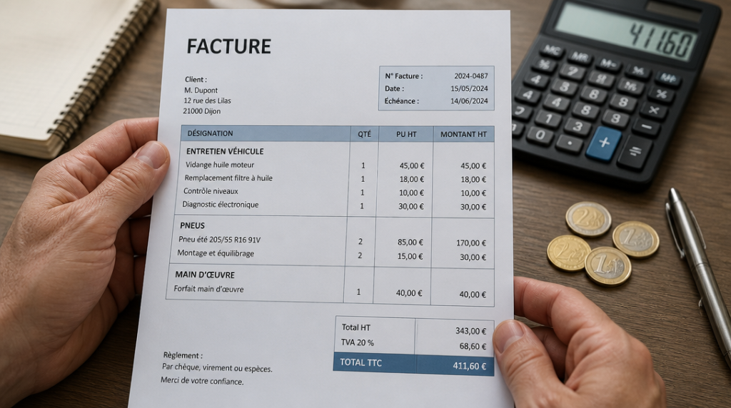 Charges taxi entretien et frais variables sur facture