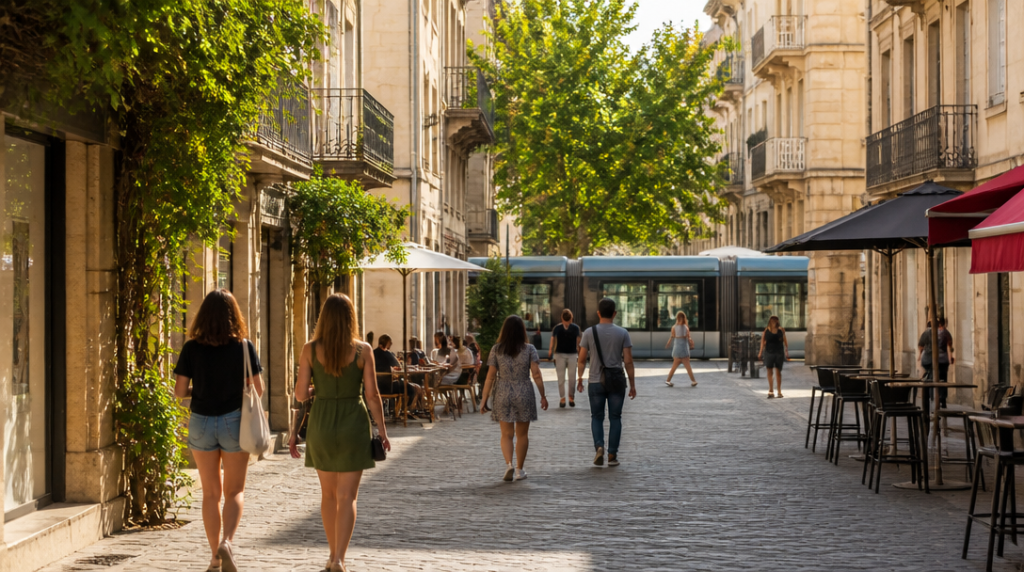 Ruelle piétonne animée et cafés dans le centre historique
