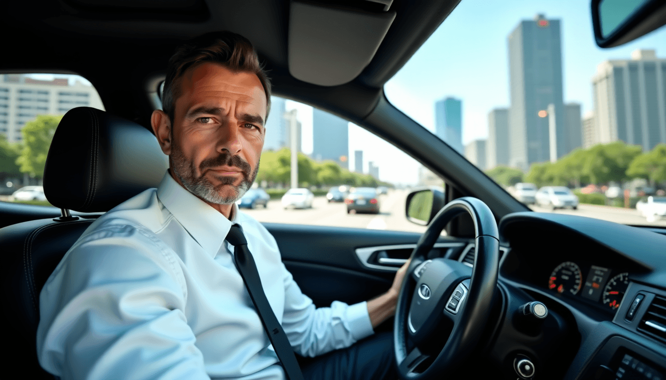 Conducteur professionnel en chemise au volant, circulation urbaine