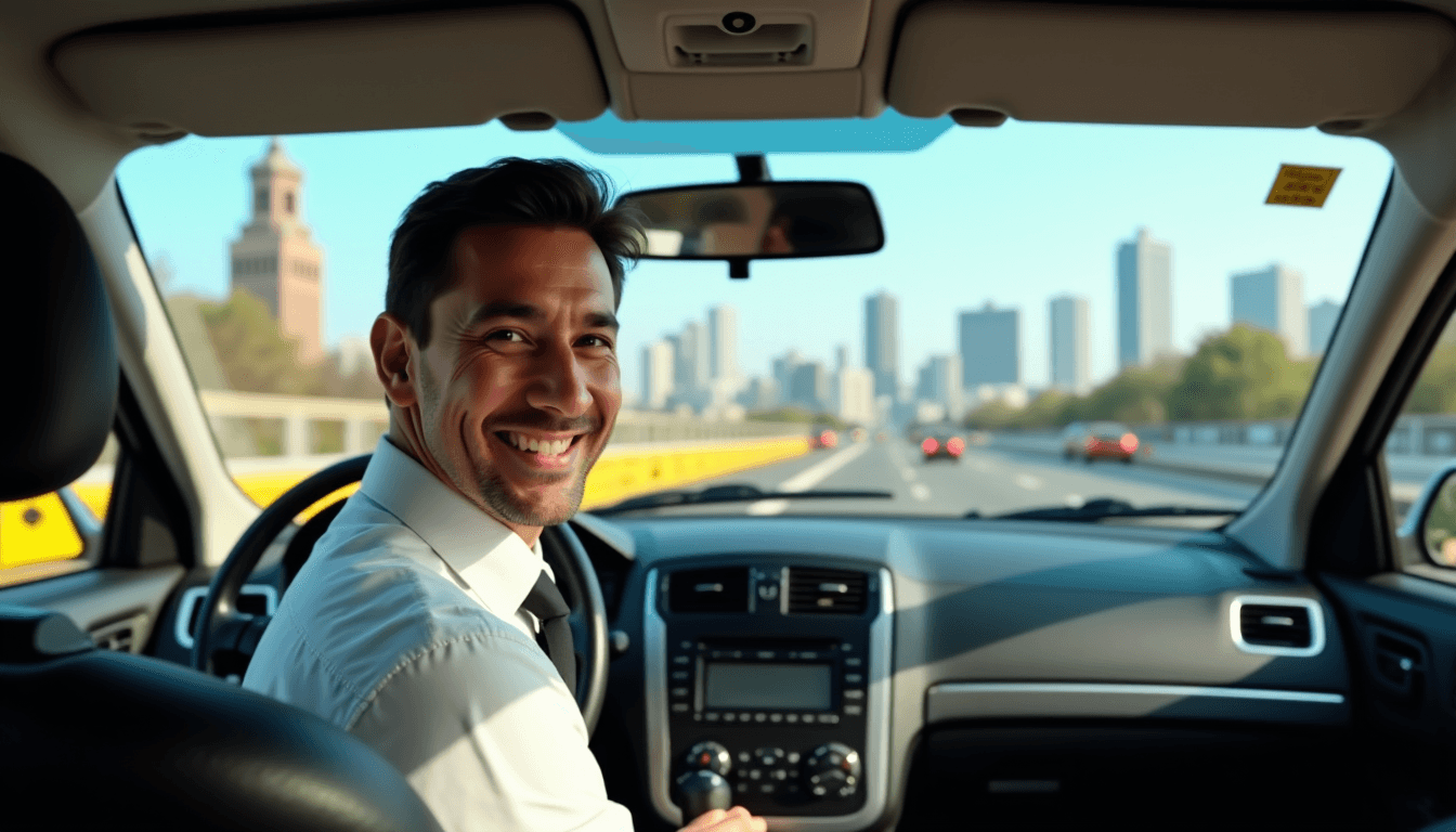 Conducteur souriant au volant, skyline urbaine au loin
