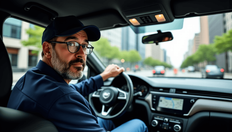 Chauffeur de taxi conduisant une berline en milieu urbain