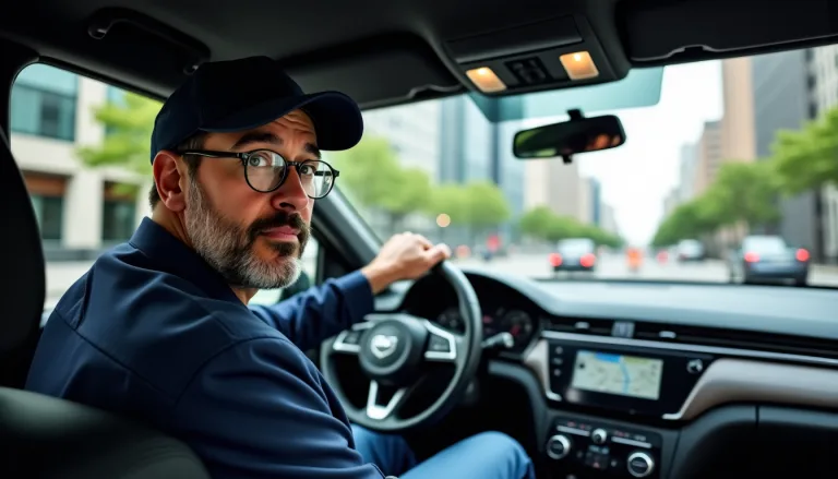 Chauffeur de taxi conduisant une berline en milieu urbain