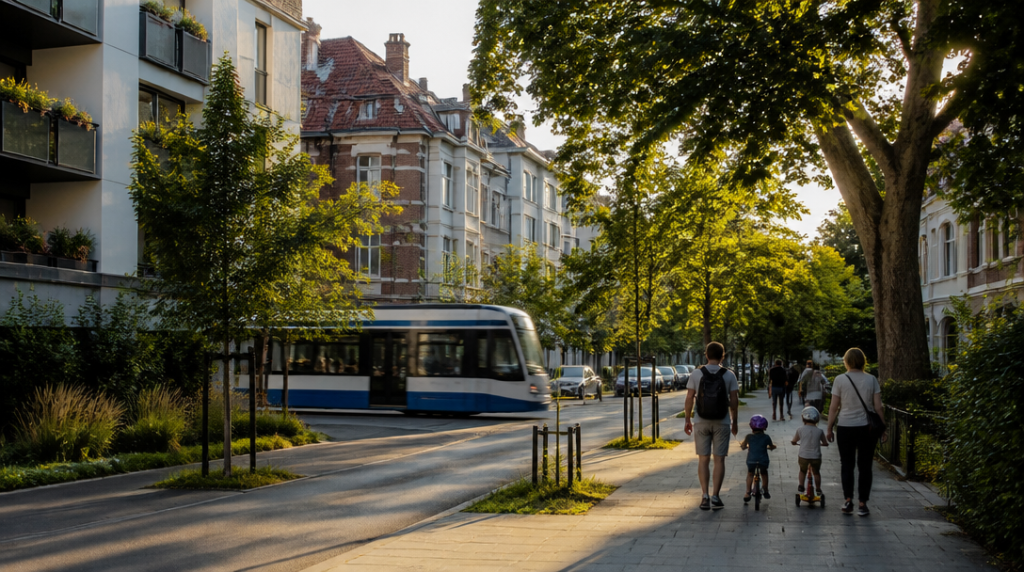 Rue familiale arborée avec passage du tram en quartier résidentiel