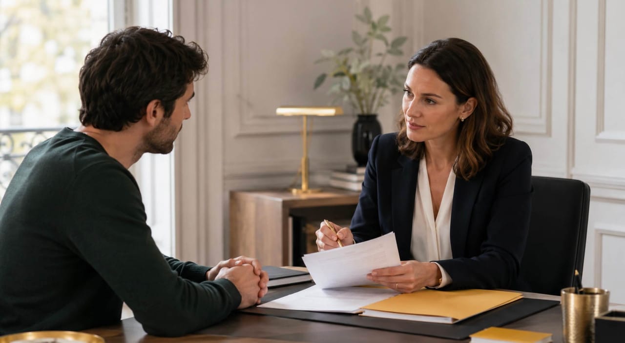 Deux personnes échangent à un bureau avec documents et stylo.