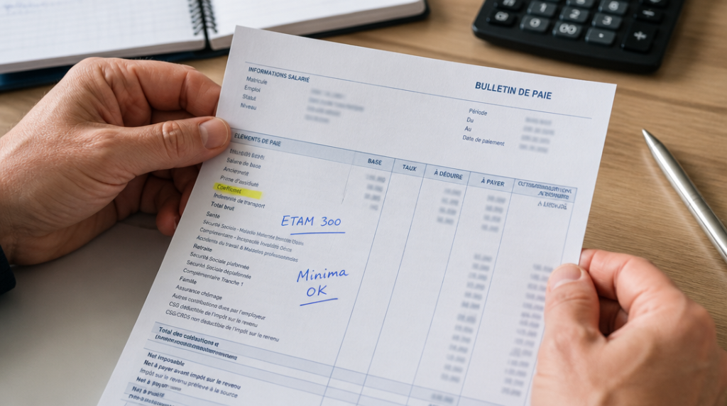 Bulletin de paie avec coefficient ETAM et minima contrôlés