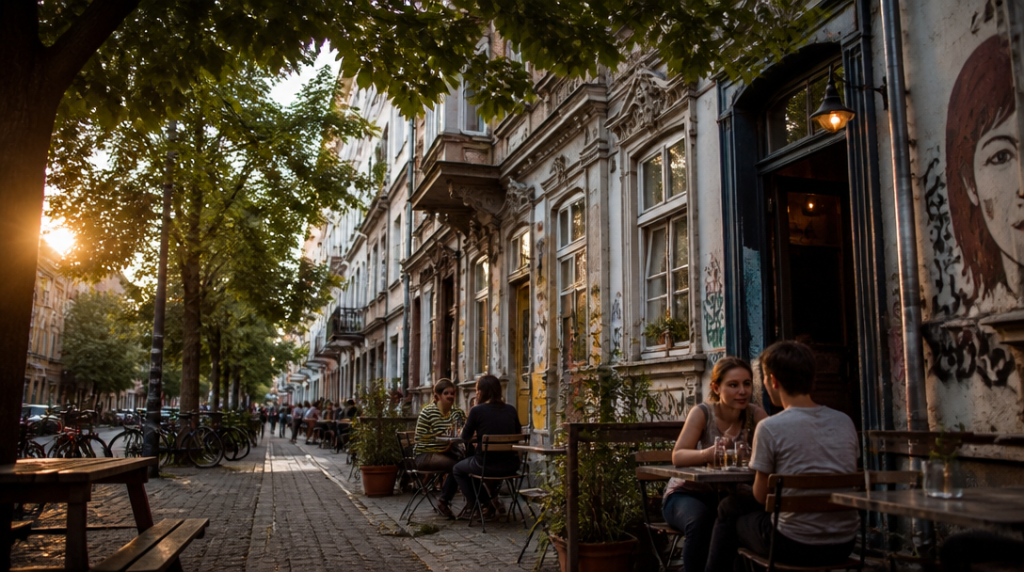 Rue bohème avec cafés indépendants et façades du XIXe siècle