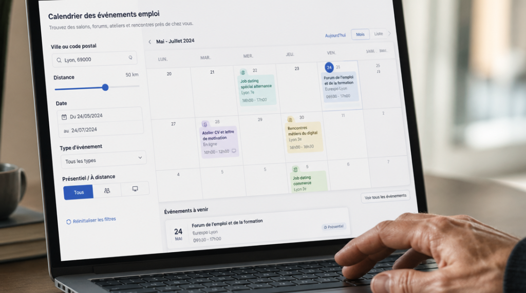 Interface avec filtre par ville, date et type d’événement