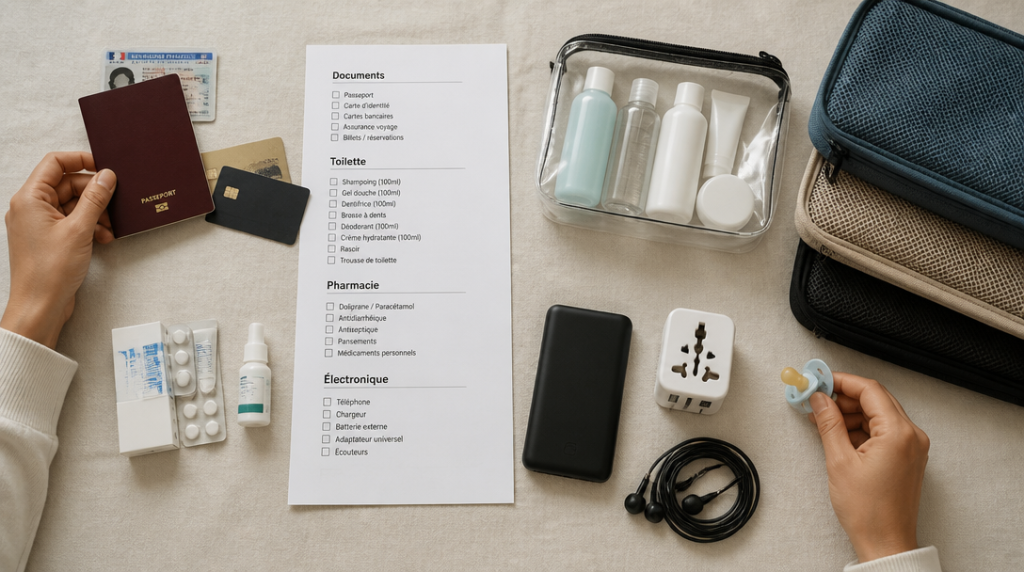 Checklist par catégories avec documents, toilette, pharmacie et électronique