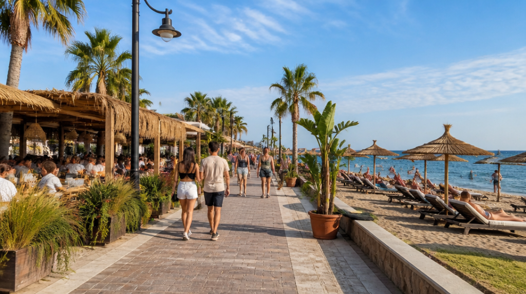 Promenade côtière avec cafés et parasols
