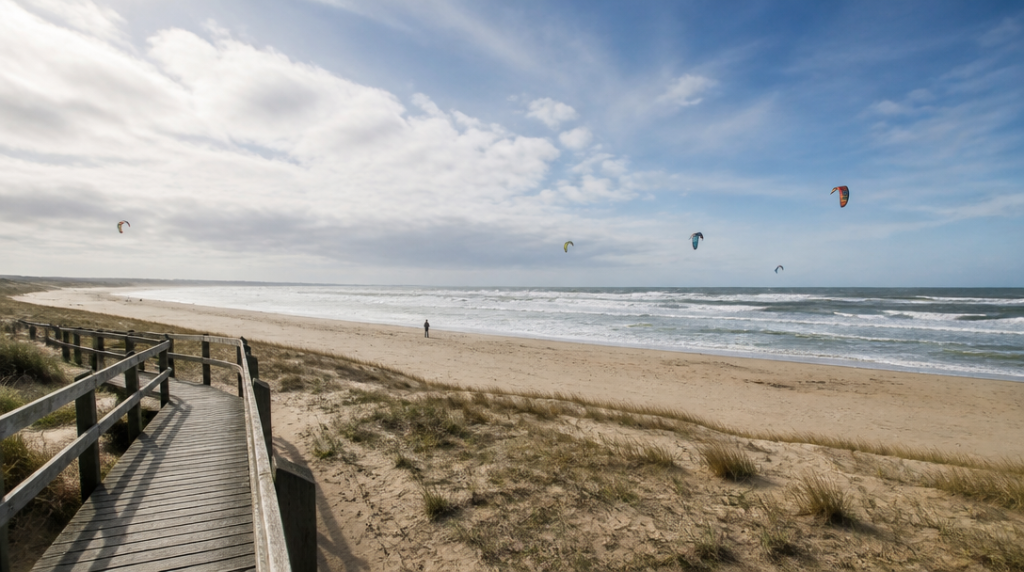 Dunes ventées avec kitesurfs et vagues atlantiques