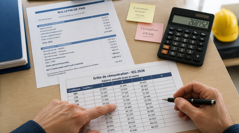 Documents de paie et grille de salaire IEG 2026 sur bureau
