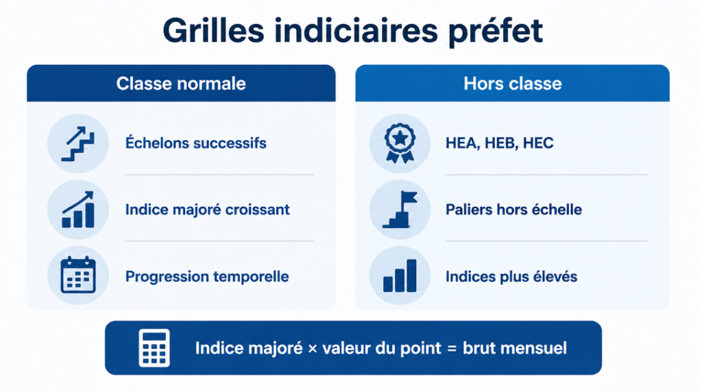 Schéma de la grille indiciaire préfet par classe et paliers hors échelle