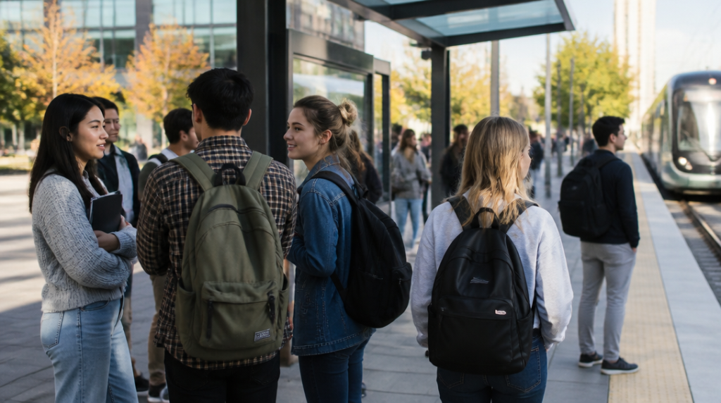 Étudiants près d’un arrêt de tram dans un quartier universitaire