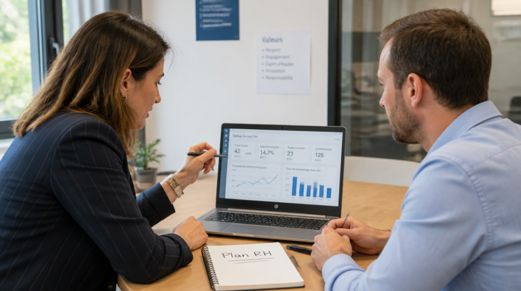 HRBP et manager analysant des KPI de recrutement