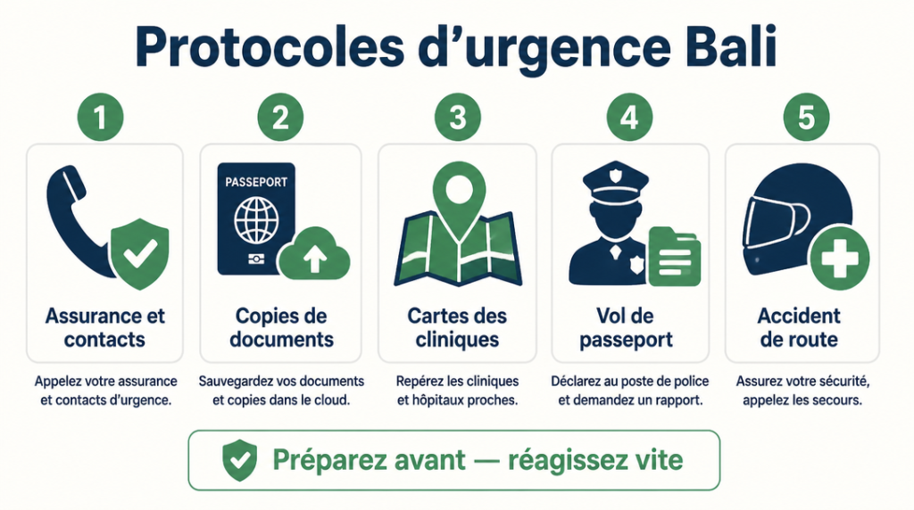 Infographie des protocoles d’urgence à Bali en cinq étapes claires