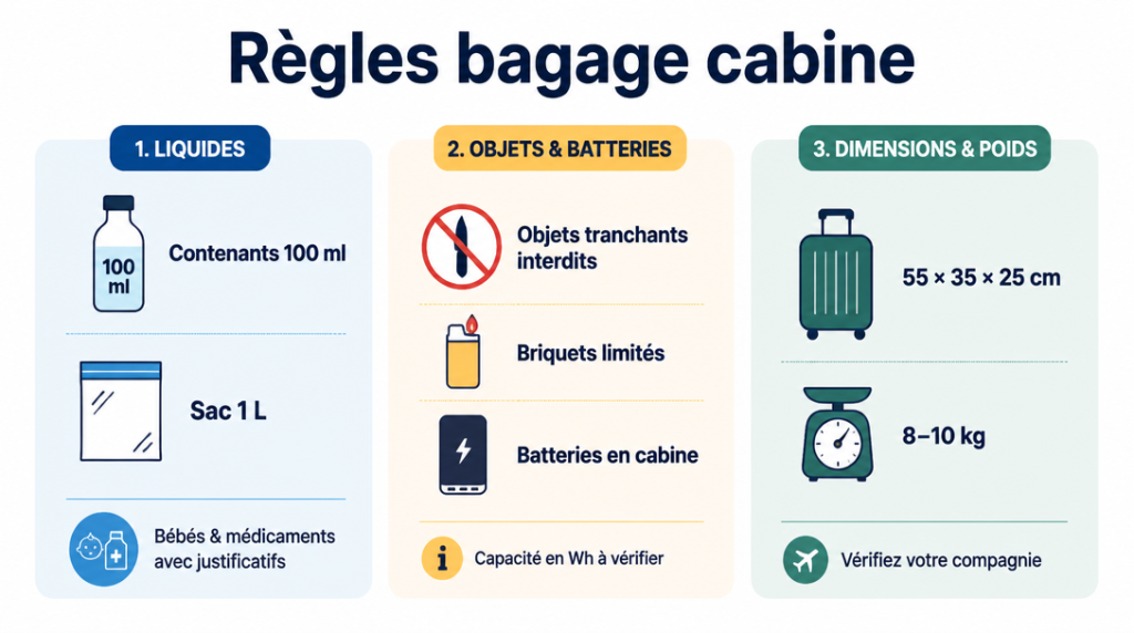 Infographie règles bagage cabine : liquides, batteries et dimensions