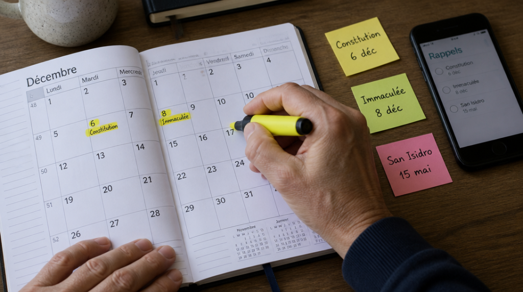 Calendrier annoté avec fériés et ponts en Espagne