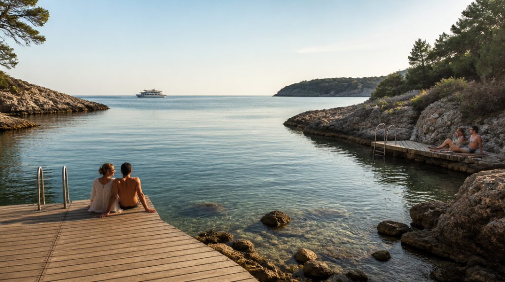 Petite crique intime, plateforme bois, ferry lointain