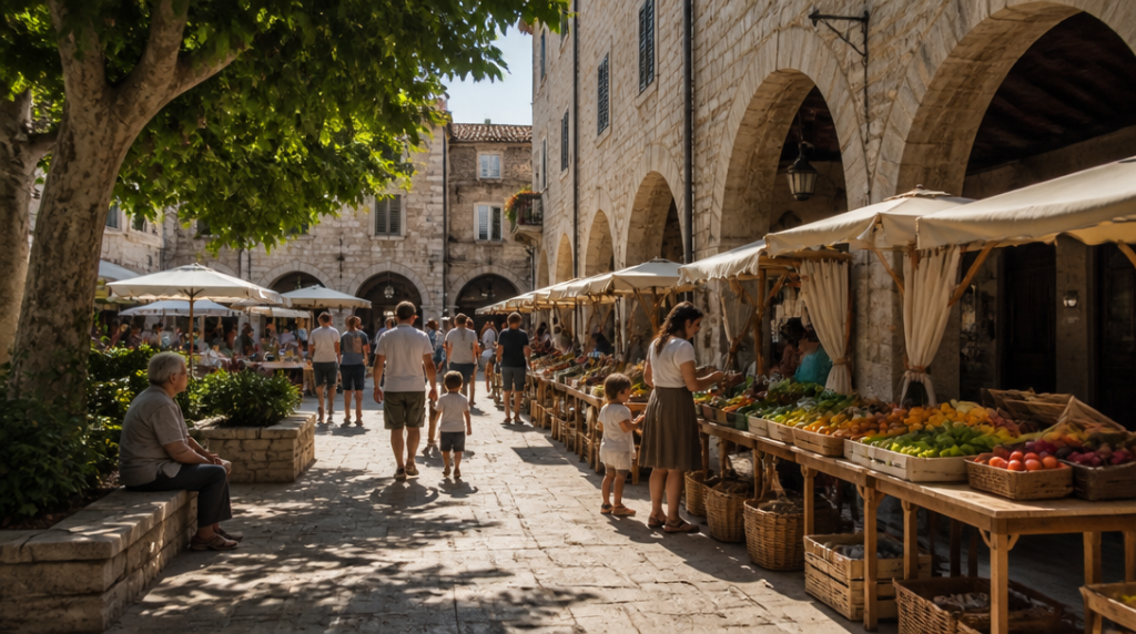 Marché de quartier sous arches en pierre historiques