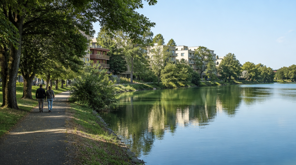 Chemin au bord de l’eau dans un quartier résidentiel verdoyant