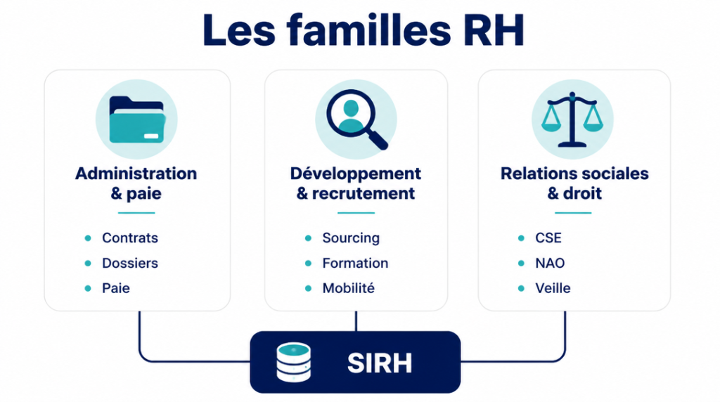 Schéma des trois familles RH et leurs missions clés