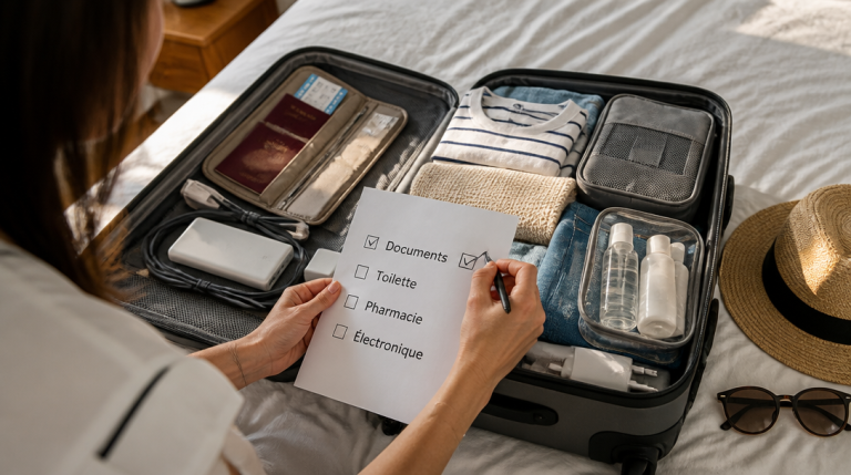 Checklist valise vacances à cocher dans une valise ouverte
