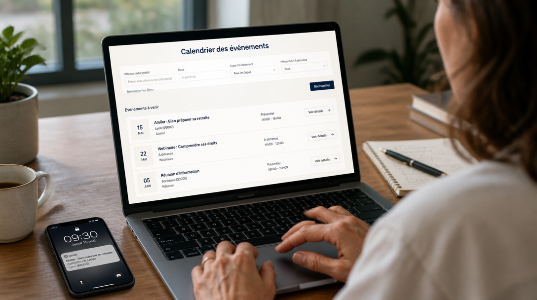 Calendrier Mes événements France Travail sur un ordinateur