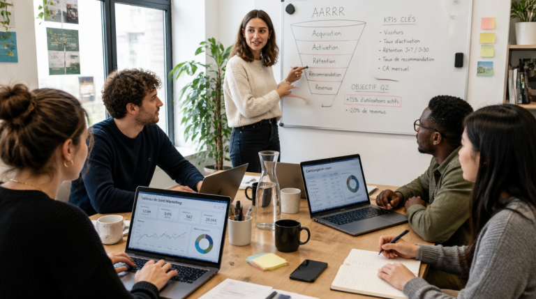 Équipe au bureau illustrant les métiers du marketing