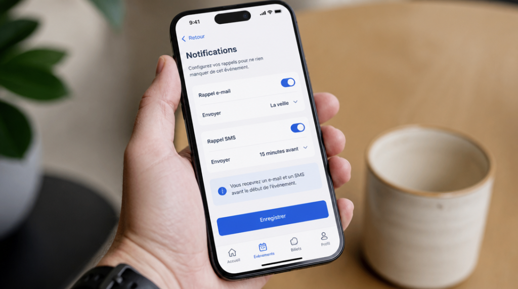 Réglage des rappels email et SMS pour un événement