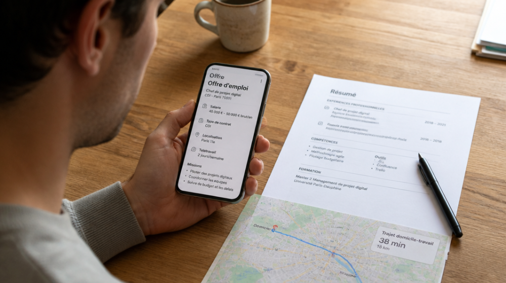 Candidat analyse une offre raisonnable d’emploi sur smartphone