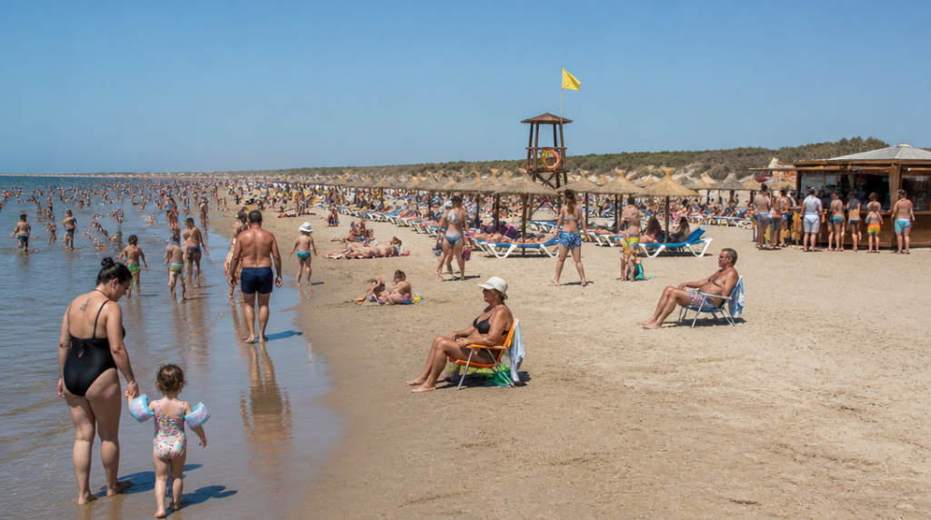 Large plage équipée avec foule et drapeau de surveillance