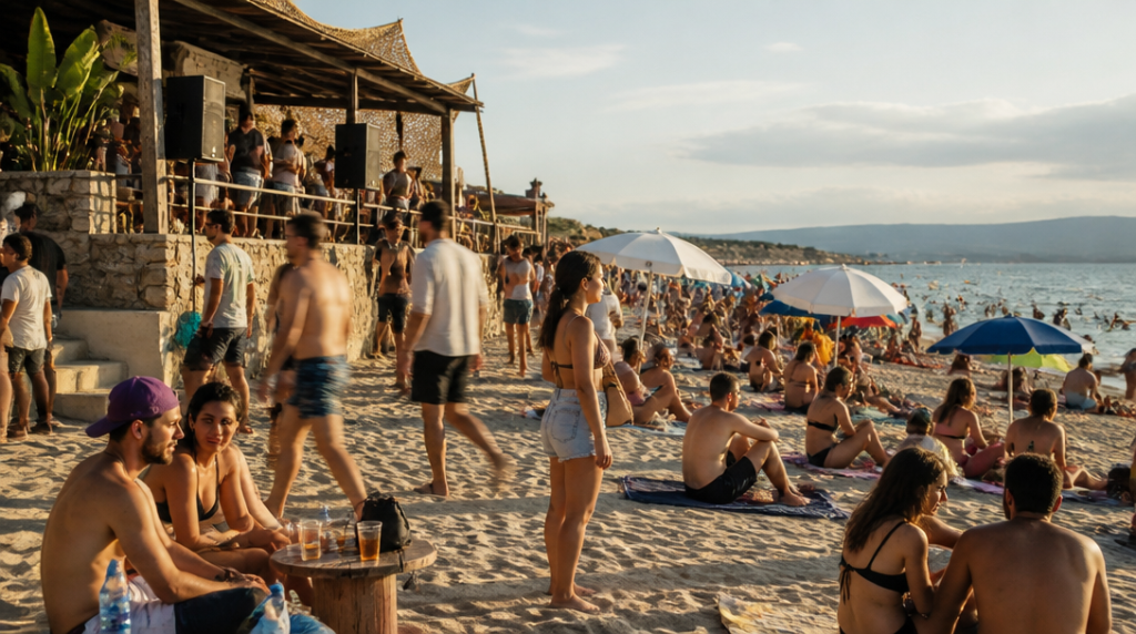 Plage animée, proximité bars et forte affluence