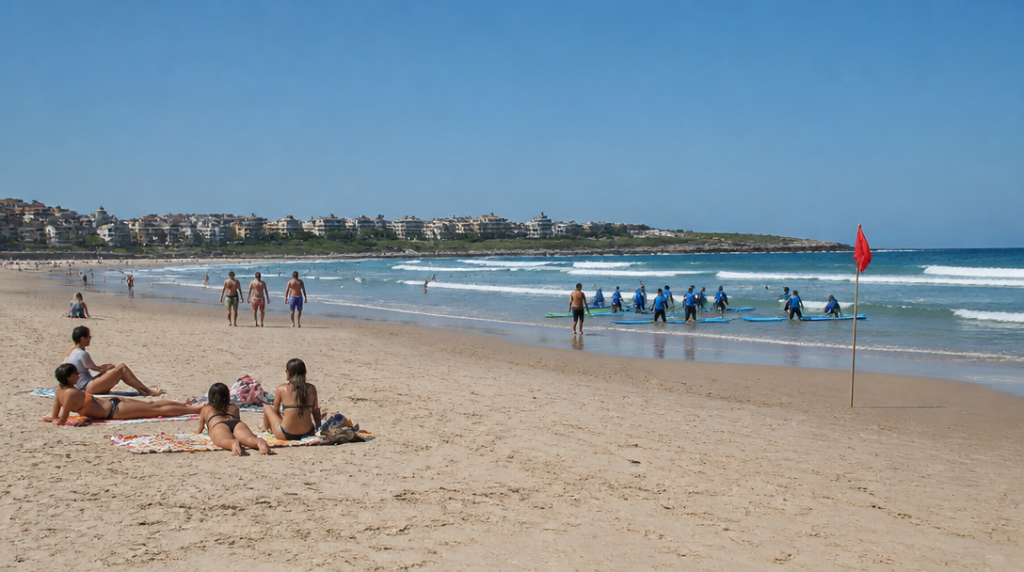 Large plage atlantique avec surfeurs débutants