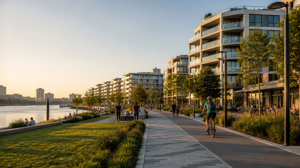 Promenade verte et immeubles récents au bord de l’eau