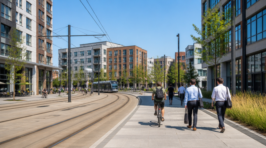 Zone urbaine accessible avec immeubles récents et ligne de tram