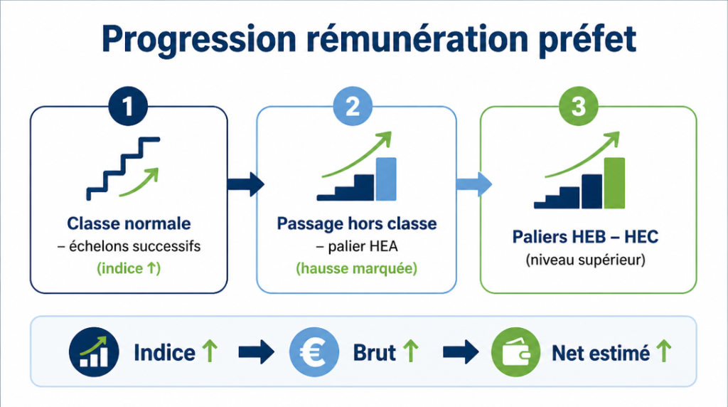 Frise montrant l’impact des échelons sur la rémunération d’un préfet
