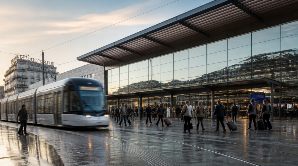 Esplanade de gare avec tram et voyageurs aux heures de pointe