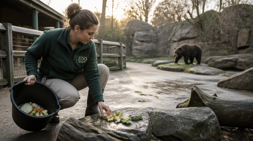 Nourrissage et entretien par un soigneur animalier