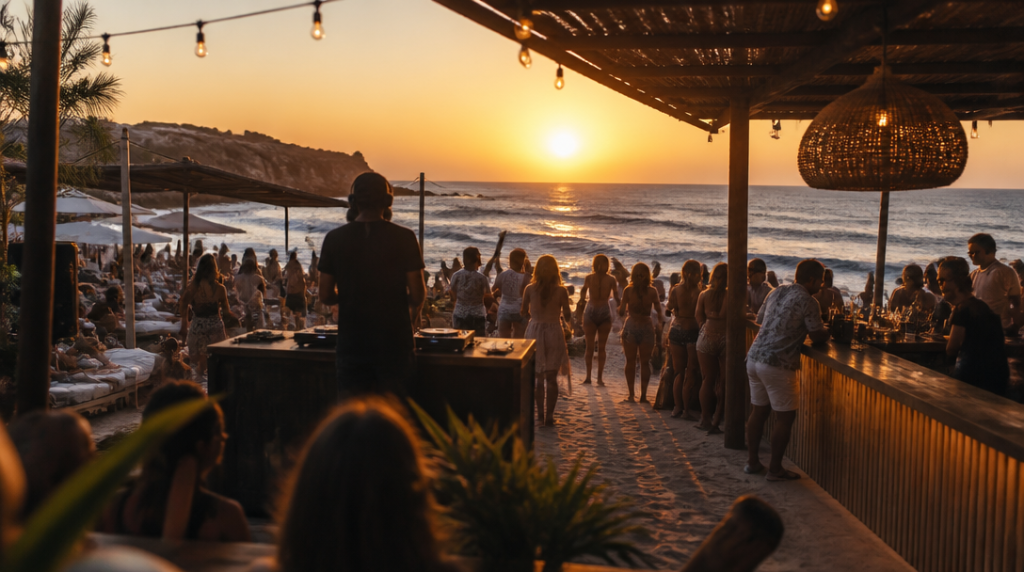 Beach club animé, musique, transats et vagues