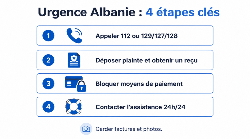 Étapes clés pour urgence : 112, plainte, paiements, assurance