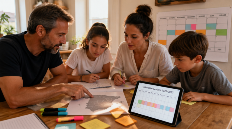 Famille planifiant les vacances scolaires en Espagne autour d’un calendrier
