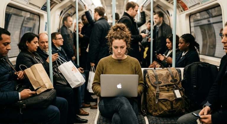 Voyageuse concentrée sur un ordinateur portable dans le métro, passagers connectés autour.