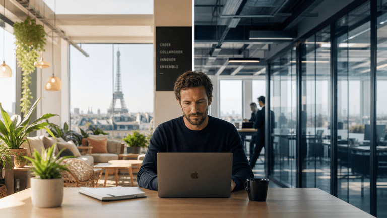 Homme au laptop dans un bureau moderne, vue Tour Eiffel