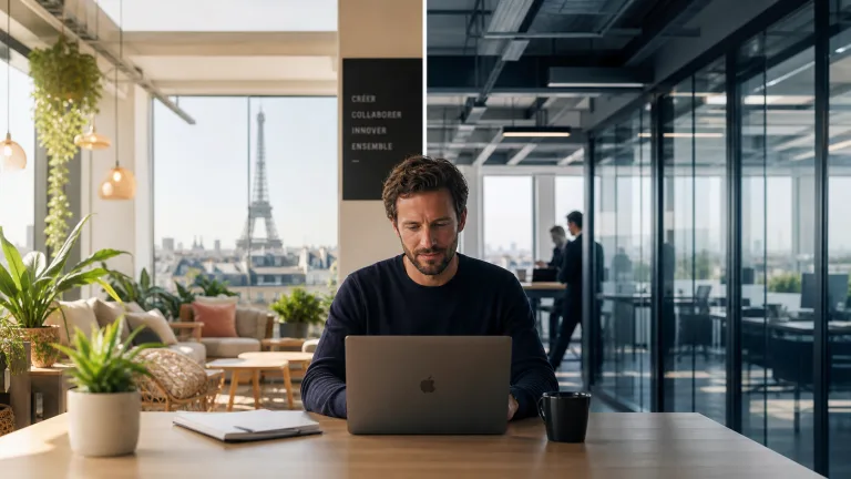 Homme au laptop dans un bureau moderne, vue Tour Eiffel