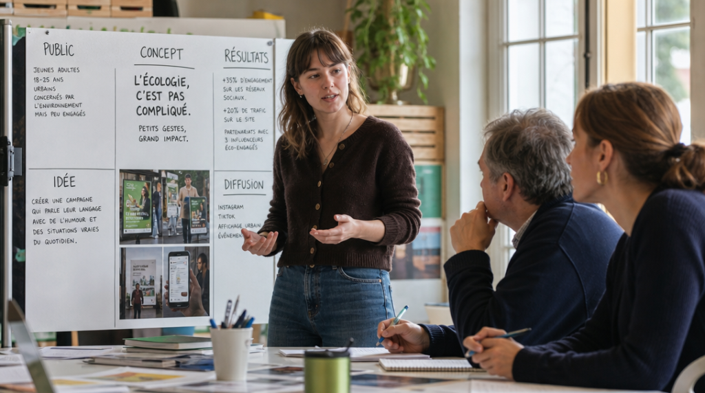 Étudiant présentant un projet de communication