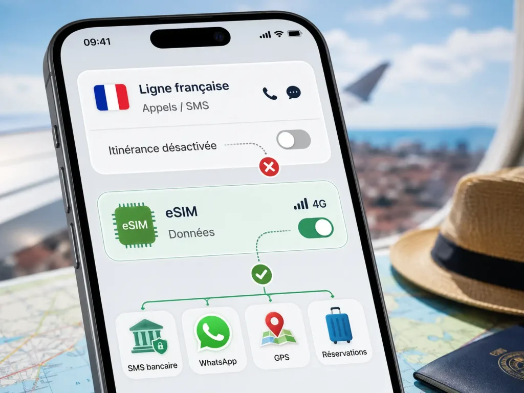 Écran de téléphone : eSIM activée, itinérance données désactivée