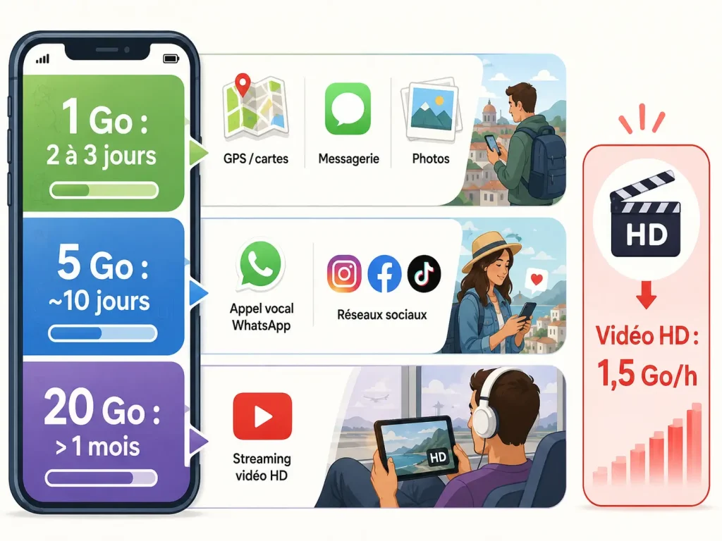 Durées 1 Go, 5 Go, 20 Go avec rappel vidéo HD 1,5 Go/h