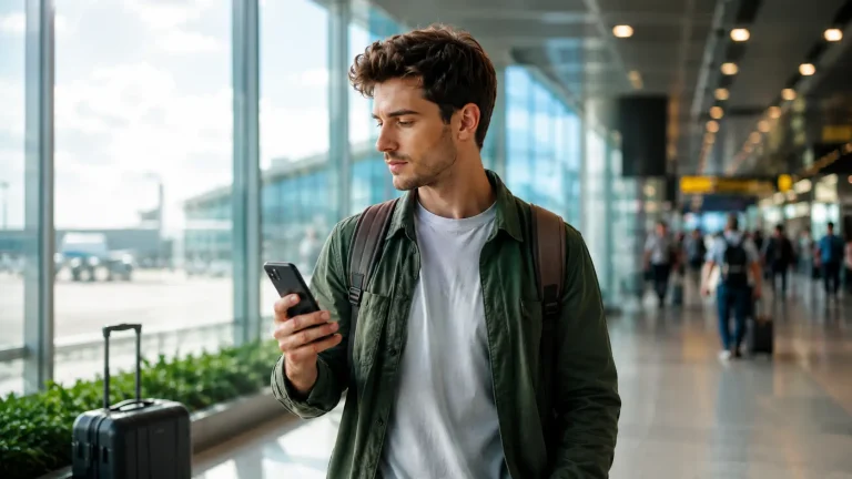 Voyageur au terminal d'aéroport regardant son smartphone