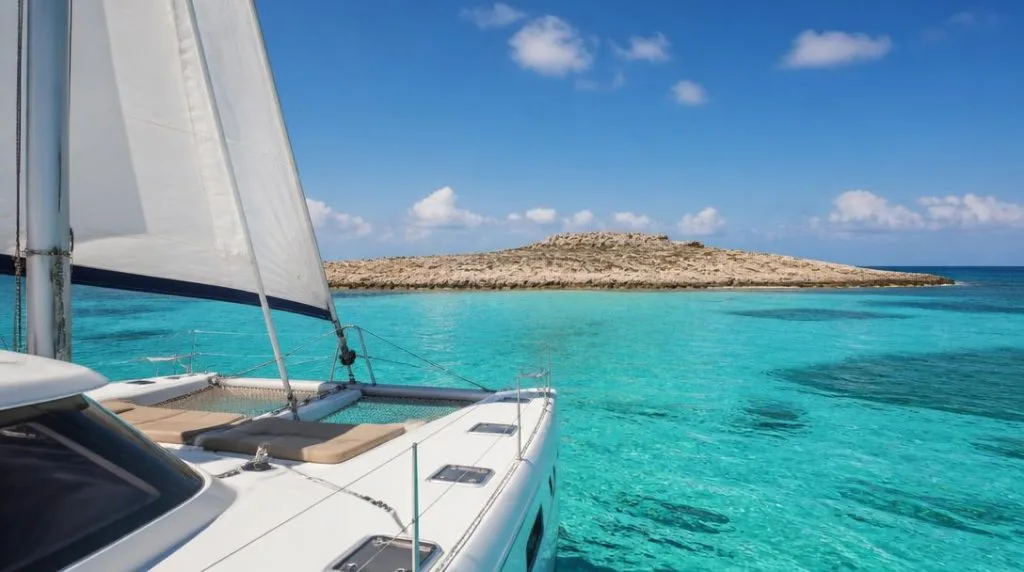 Catamaran naviguant sur des eaux turquoise méditerranéennes