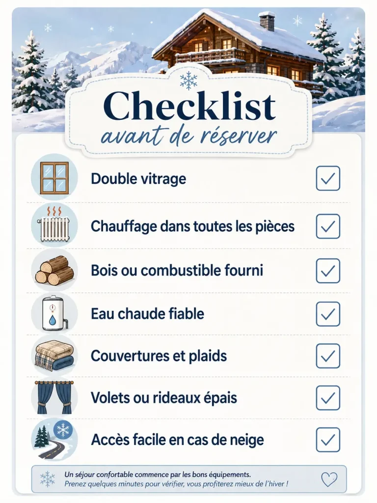 Checklist avant de réserver, 7 critères cochés pour logement hivernal